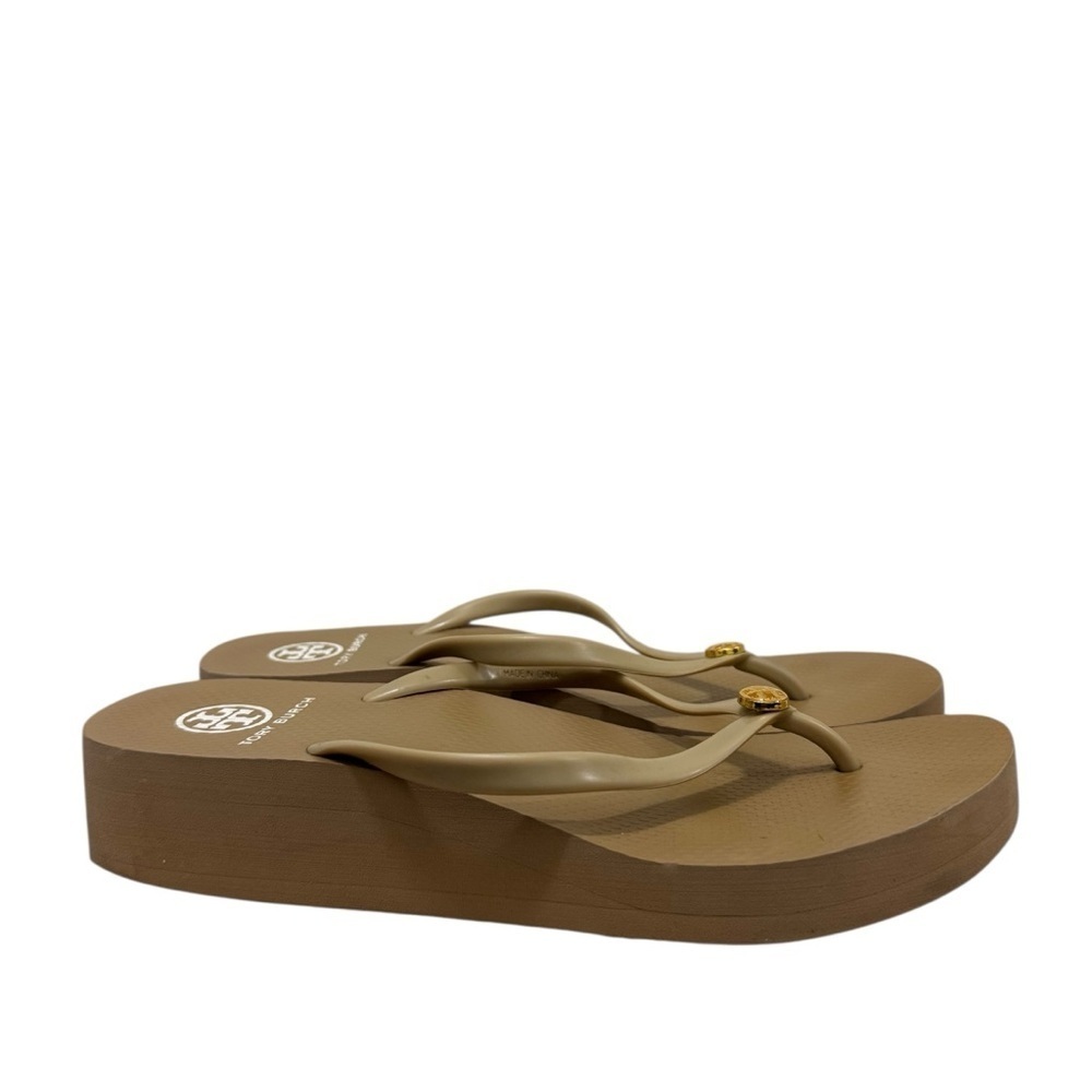 Tory Burch Beige Thin Wedge Logo Platform Thong Flip Flops 10